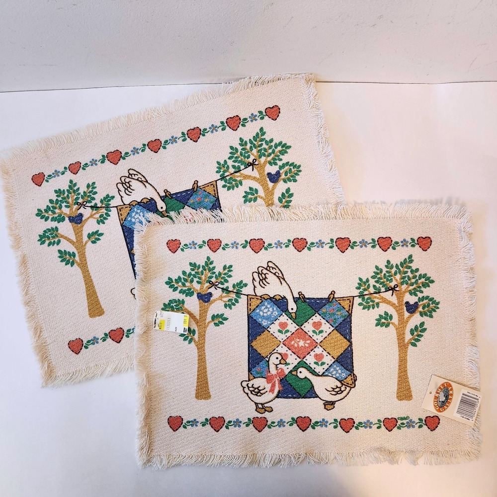 Vtg 80s NOS Goose Geese Quilt Woven Fabric Placemats Set of 2 Country Kitchen